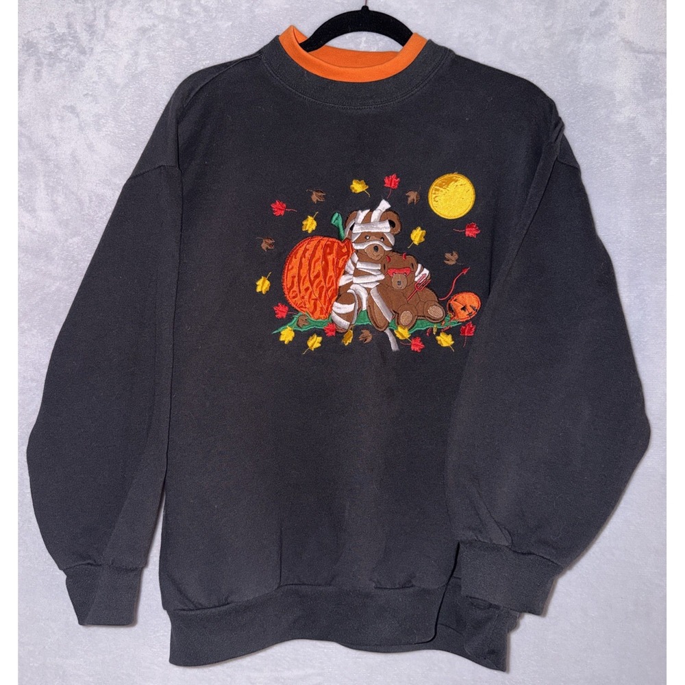 Vintage Halloween Sweatshirt Womens XL Embroidered Teddy Bear Mummy Moon Pumpkin